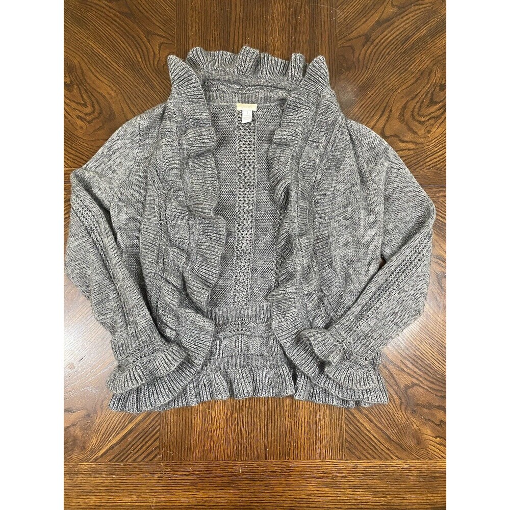 Chicos Cardigan Gray Wool Mohair Women’s Size 1 Open Front Ruffled Edge